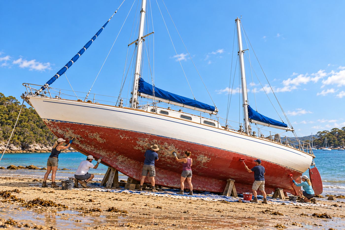 A two-masted sailing boat hauled onto a beach and tilted on its side while six people scrape and repaint the hull